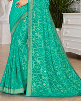 Vishal Prints Aqua Green Brasso Saree With Foil Print And Zari Border