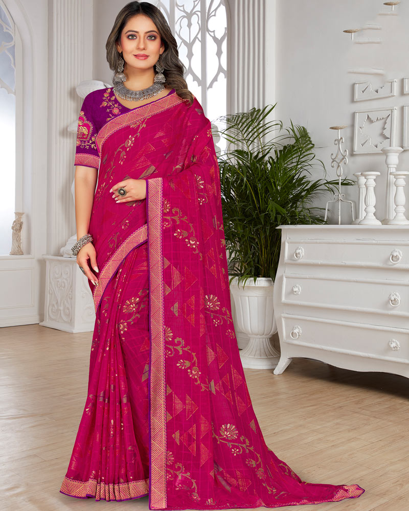 Vishal Prints Maroon Flush Brasso Saree With Foil Print And Zari Border