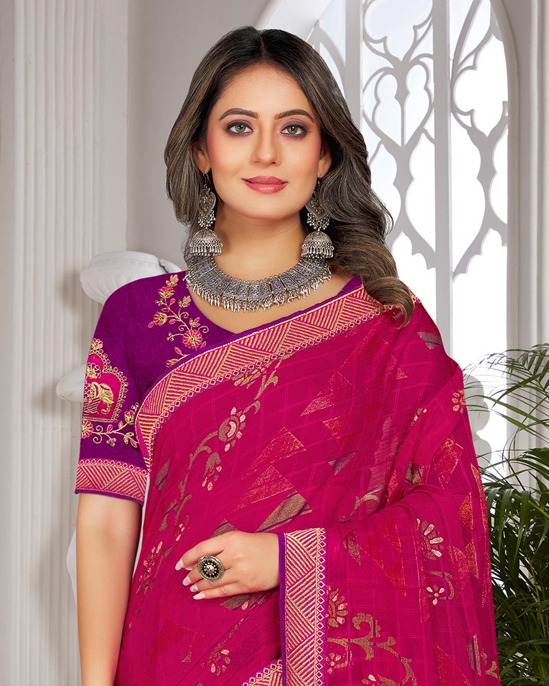 Vishal Prints Maroon Flush Brasso Saree With Foil Print And Zari Border