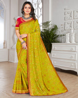 Vishal Prints Olive Yellow Brasso Saree With Foil Print And Zari Border