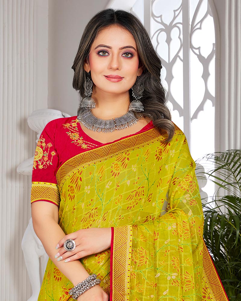 Vishal Prints Olive Yellow Brasso Saree With Foil Print And Zari Border