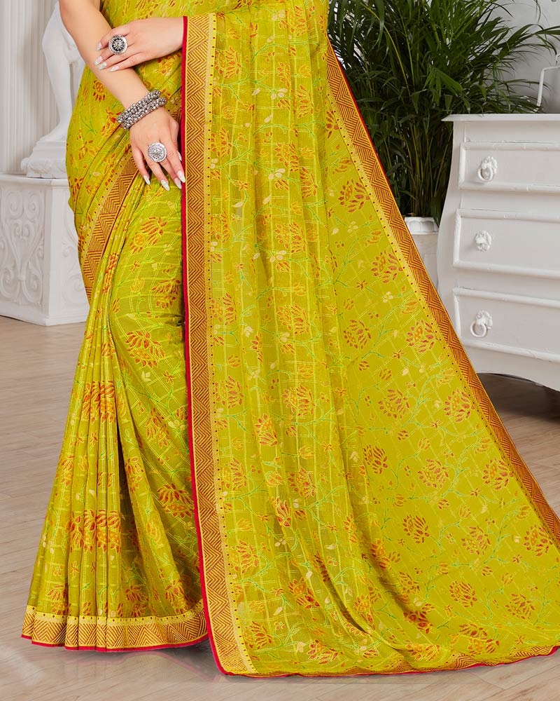 Vishal Prints Olive Yellow Brasso Saree With Foil Print And Zari Border