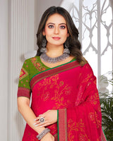 Vishal Prints Cherry Red Brasso Saree With Foil Print And Zari Border