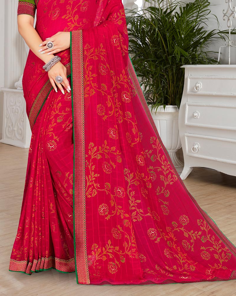 Vishal Prints Cherry Red Brasso Saree With Foil Print And Zari Border