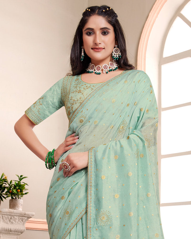 Vishal Prints Mist Green Designer Weaving Jacquard Saree With Diamond Work And Fancy Border