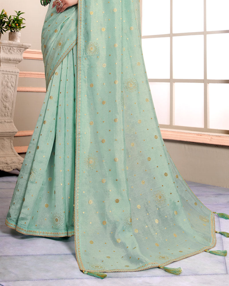 Vishal Prints Mist Green Designer Weaving Jacquard Saree With Diamond Work And Fancy Border