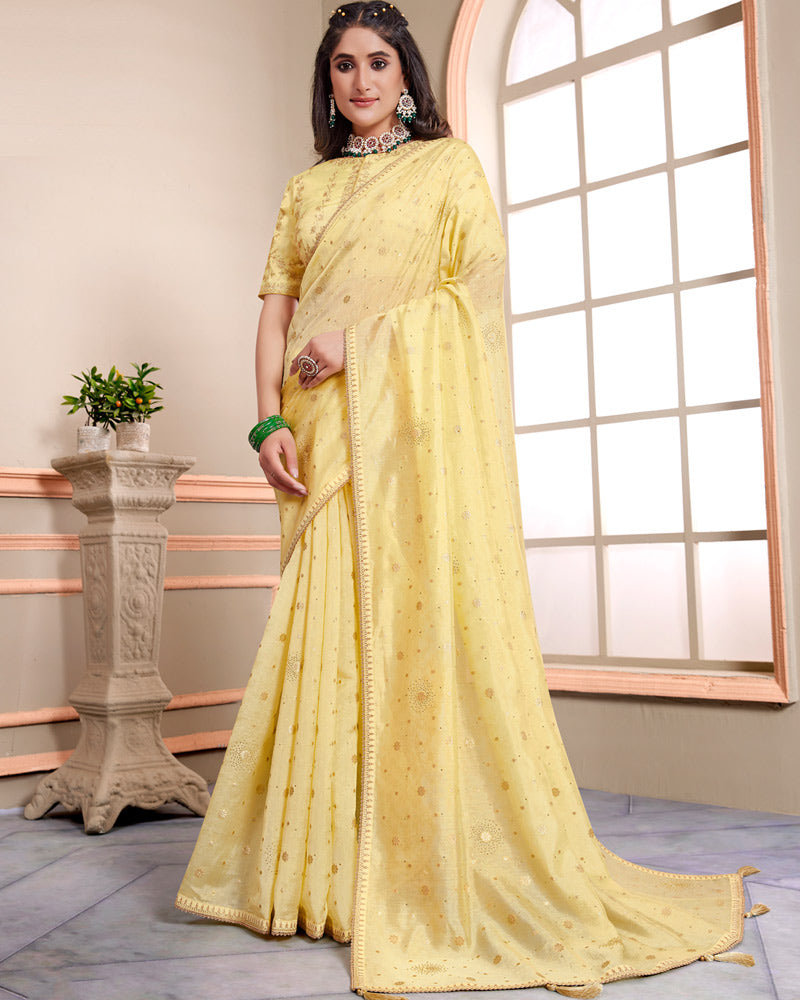 Vishal Prints Pastel Yellow Designer Weaving Jacquard Saree With Diamond Work And Fancy Border