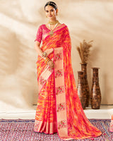 Vishal Prints Red Pink Printed Chiffon Saree With Foil Print And Weaved Viscose Border