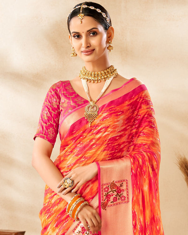 Vishal Prints Red Pink Printed Chiffon Saree With Foil Print And Weaved Viscose Border