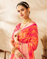 Vishal Prints Red Pink Printed Chiffon Saree With Foil Print And Weaved Viscose Border