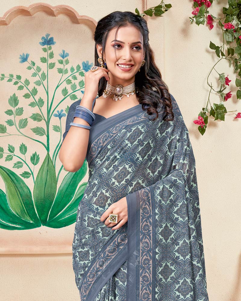 Vishal Prints Cool Grey Printed Georgette Saree