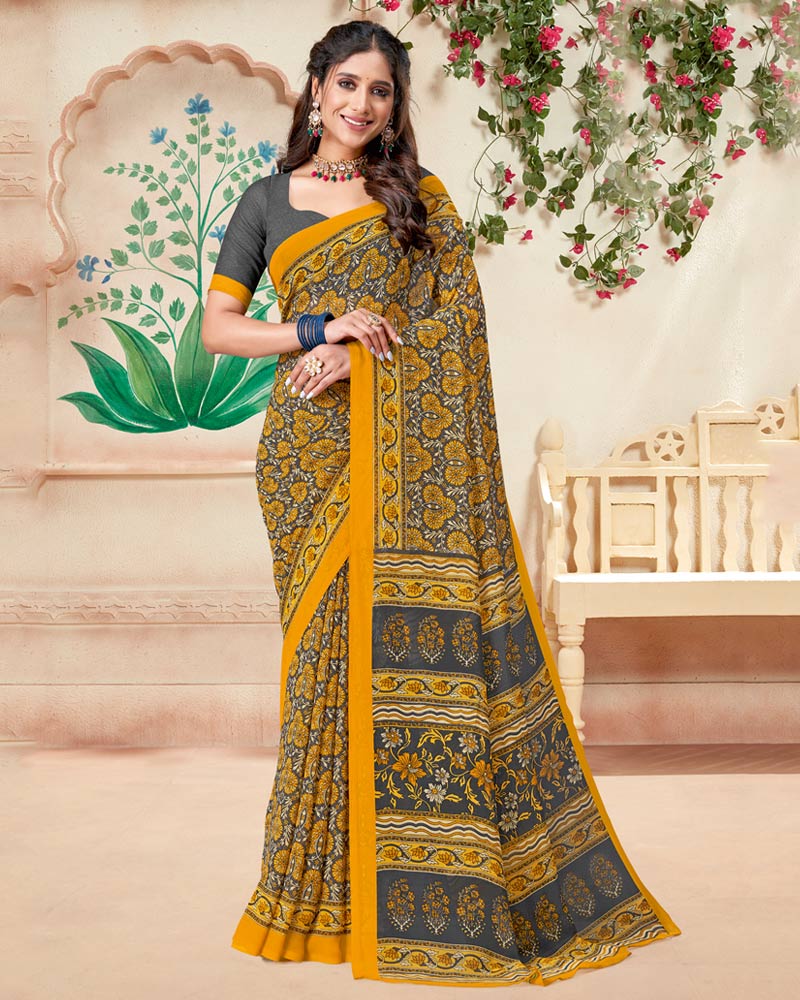Vishal Prints Dark Yellow Printed Georgette Saree