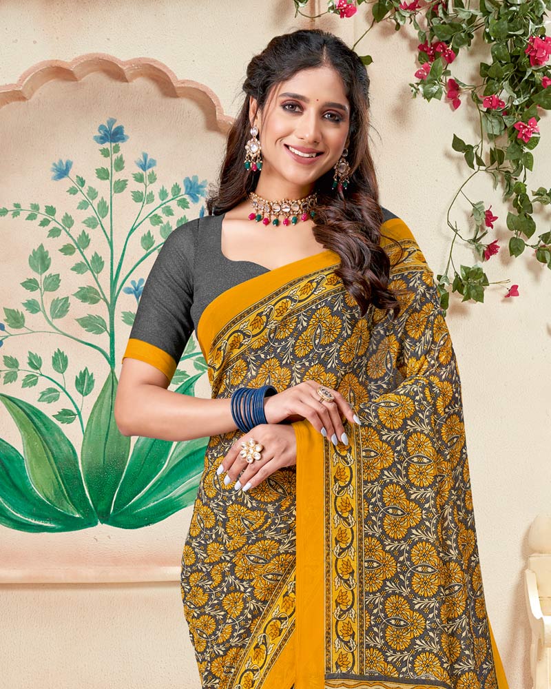 Vishal Prints Dark Yellow Printed Georgette Saree