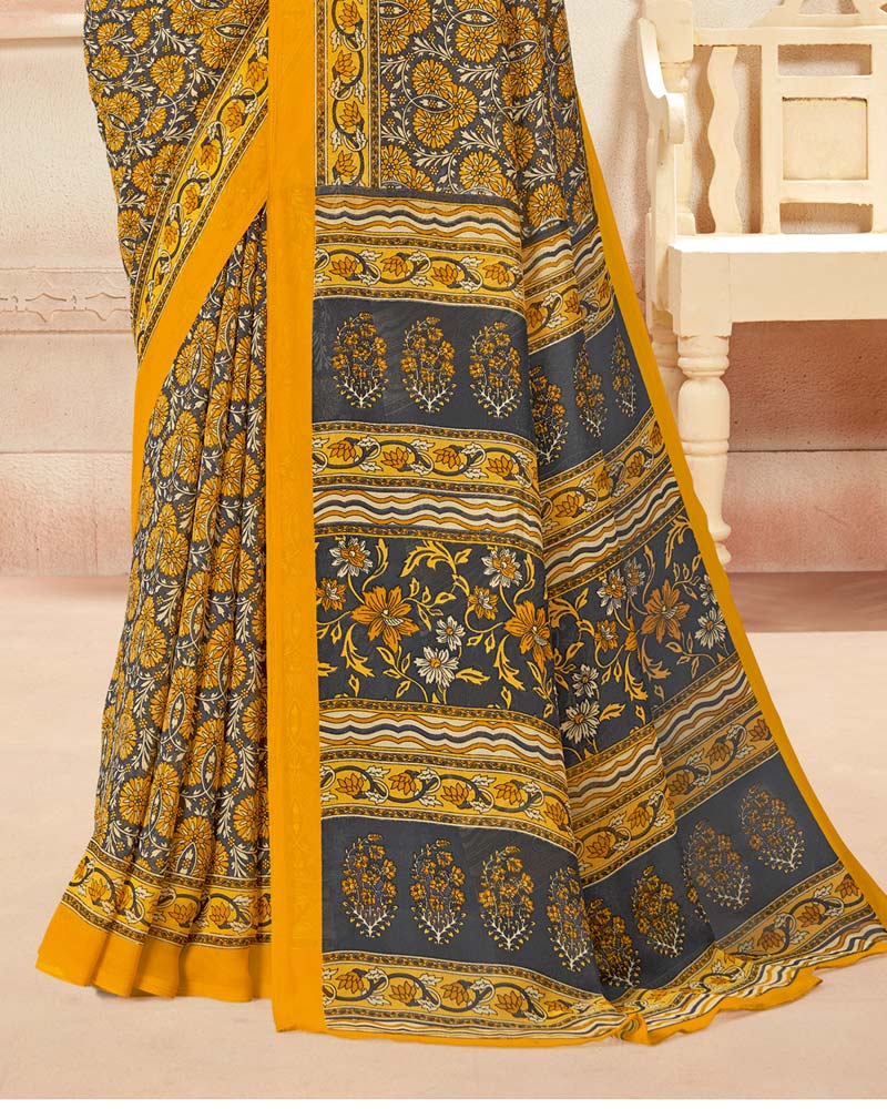 Vishal Prints Dark Yellow Printed Georgette Saree