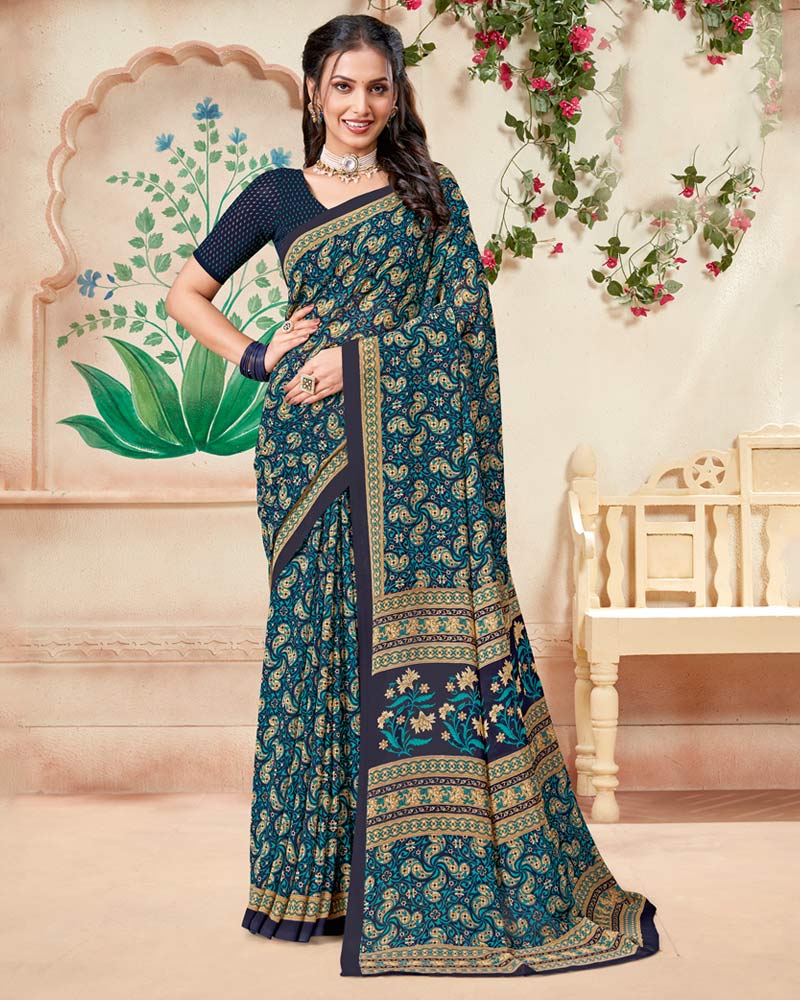 Vishal Prints Dark Navy Blue Printed Georgette Saree