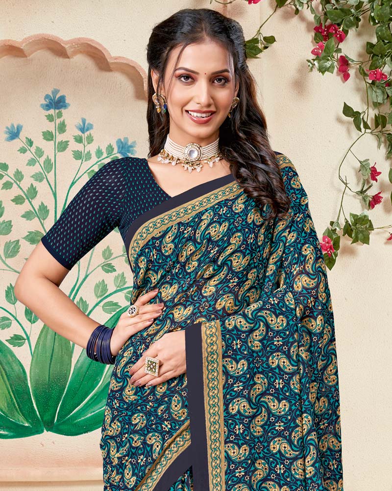 Vishal Prints Dark Navy Blue Printed Georgette Saree