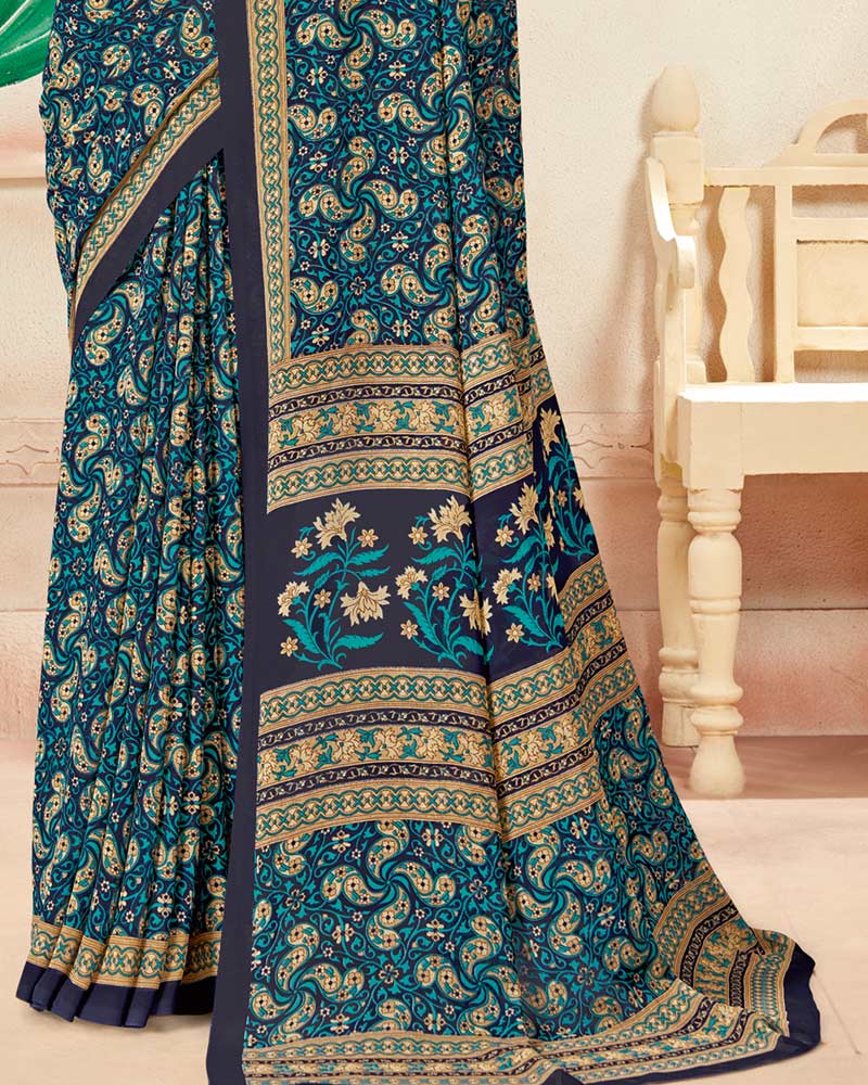 Vishal Prints Dark Navy Blue Printed Georgette Saree