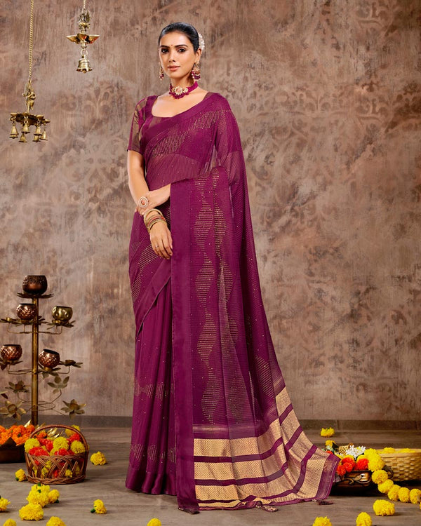 Vishal Prints Wine Designer Chiffon Saree With Embroidery Work And Tassel