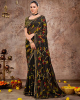 Vishal Prints Black Designer Chiffon Saree With Embroidery Work And Fancy Border