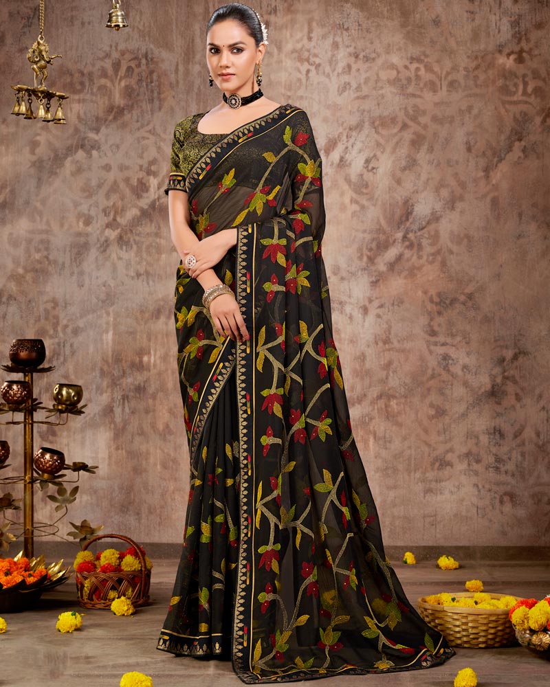 Vishal Prints Black Designer Chiffon Saree With Embroidery Work And Fancy Border