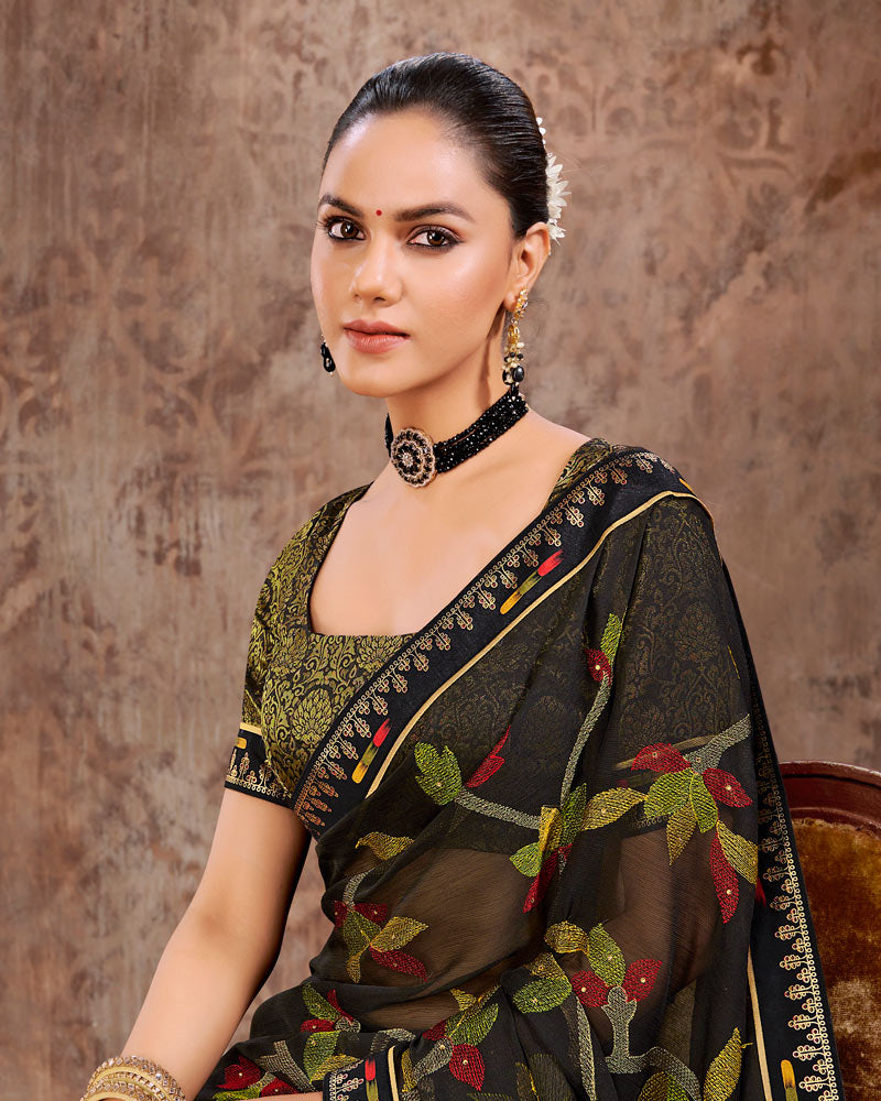 Vishal Prints Black Designer Chiffon Saree With Embroidery Work And Fancy Border