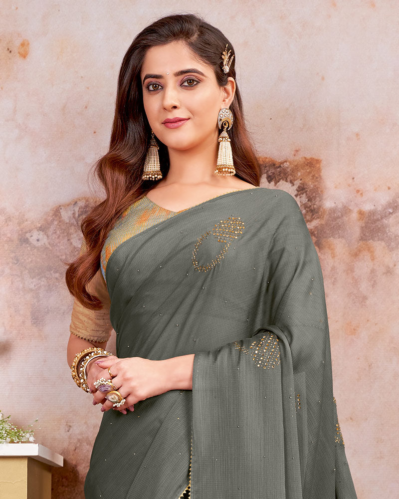 Vishal Prints Dark Grey Designer Chiffon Saree
