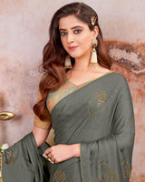 Vishal Prints Dark Grey Designer Chiffon Saree