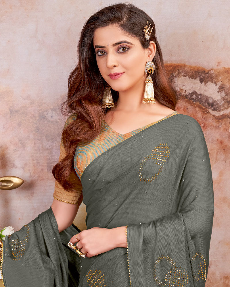 Vishal Prints Dark Grey Designer Chiffon Saree