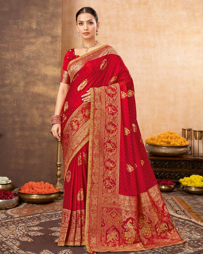 Vishal Prints Cadmium Red Designer Art Silk Weaving Saree With Diamond Work And Tassel