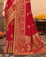 Vishal Prints Cadmium Red Designer Art Silk Weaving Saree With Diamond Work And Tassel