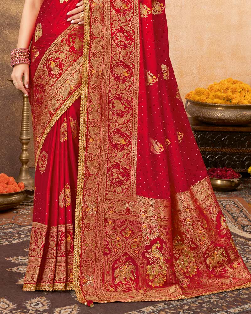 Vishal Prints Cadmium Red Designer Art Silk Weaving Saree With Diamond Work And Tassel