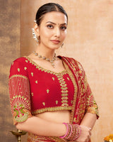 Vishal Prints Cadmium Red Designer Art Silk Weaving Saree With Diamond Work And Tassel