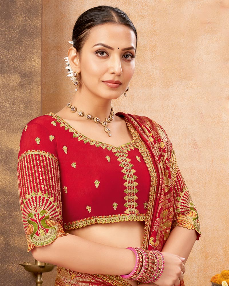 Vishal Prints Cadmium Red Designer Art Silk Weaving Saree With Diamond Work And Tassel