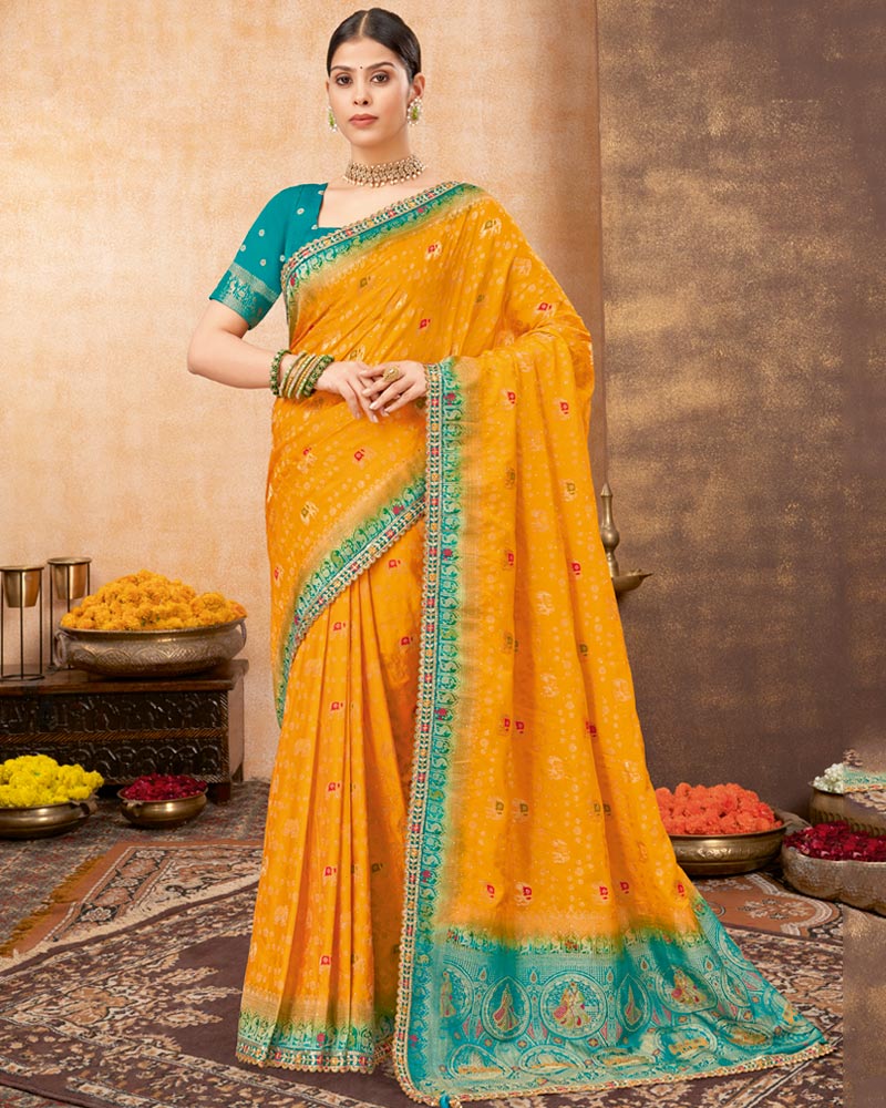 Vishal Prints Dark Orange Designer Art Silk Weaving Saree With Diamond Work And Tassel