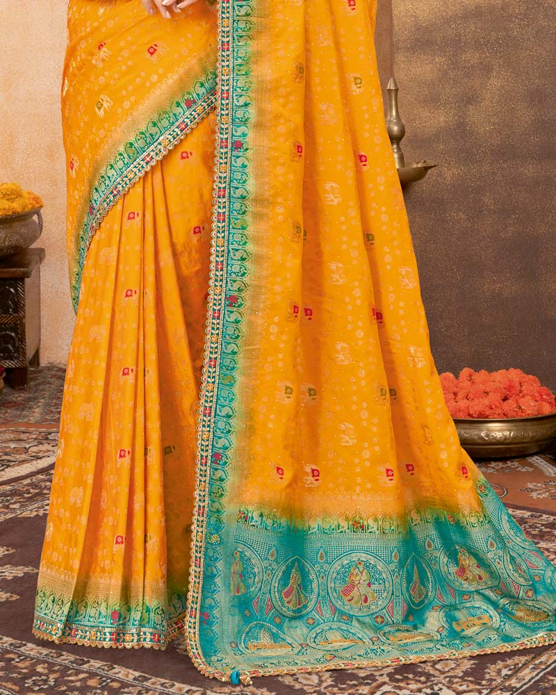 Vishal Prints Dark Orange Designer Art Silk Weaving Saree With Diamond Work And Tassel