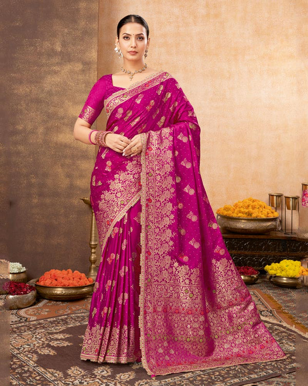 Vishal Prints Dark Fuchsia Designer Art Silk Weaving Saree With Diamond Work And Tassel
