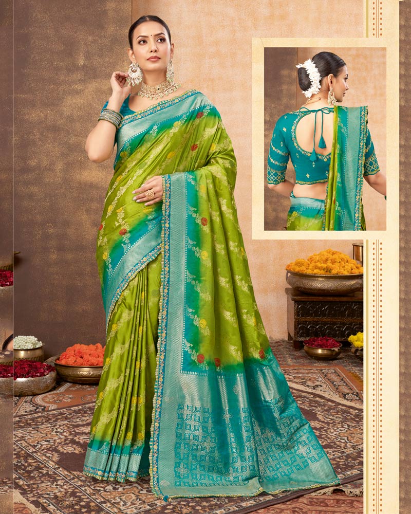 Vishal Prints Mehandi Green Designer Art Silk Weaving Saree With Diamond Work And Tassel