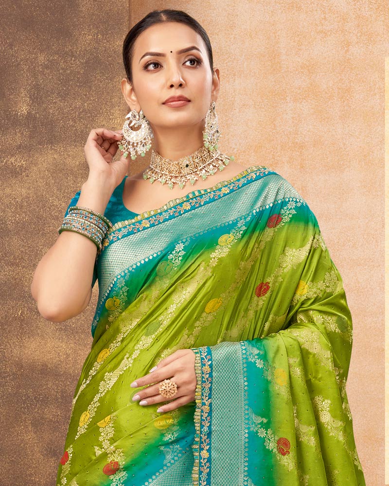Vishal Prints Mehandi Green Designer Art Silk Weaving Saree With Diamond Work And Tassel