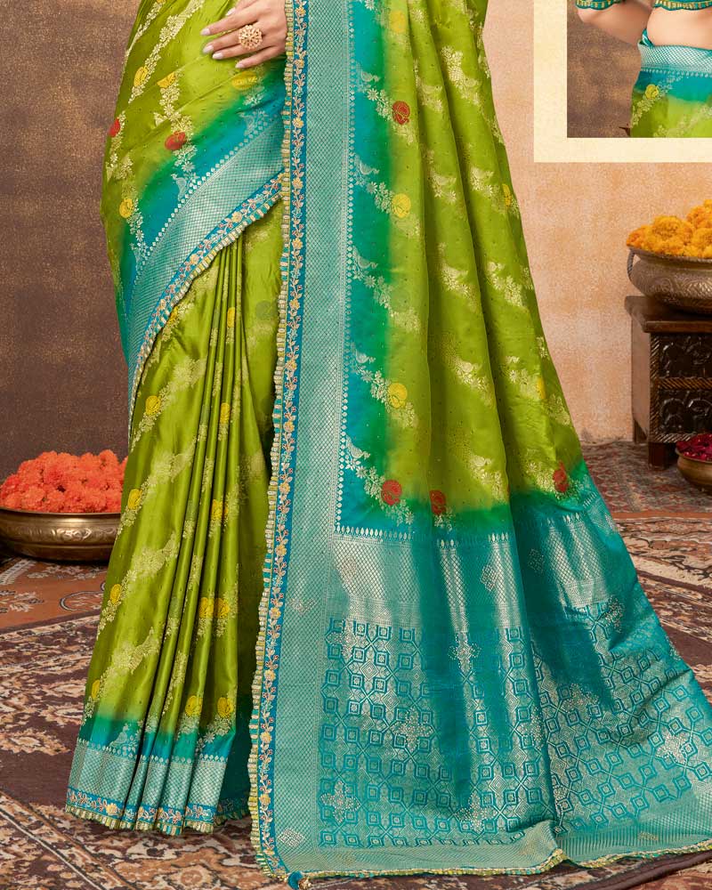 Vishal Prints Mehandi Green Designer Art Silk Weaving Saree With Diamond Work And Tassel
