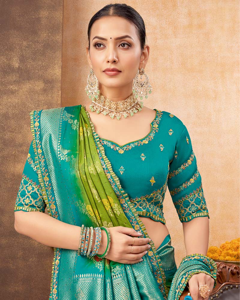Vishal Prints Mehandi Green Designer Art Silk Weaving Saree With Diamond Work And Tassel