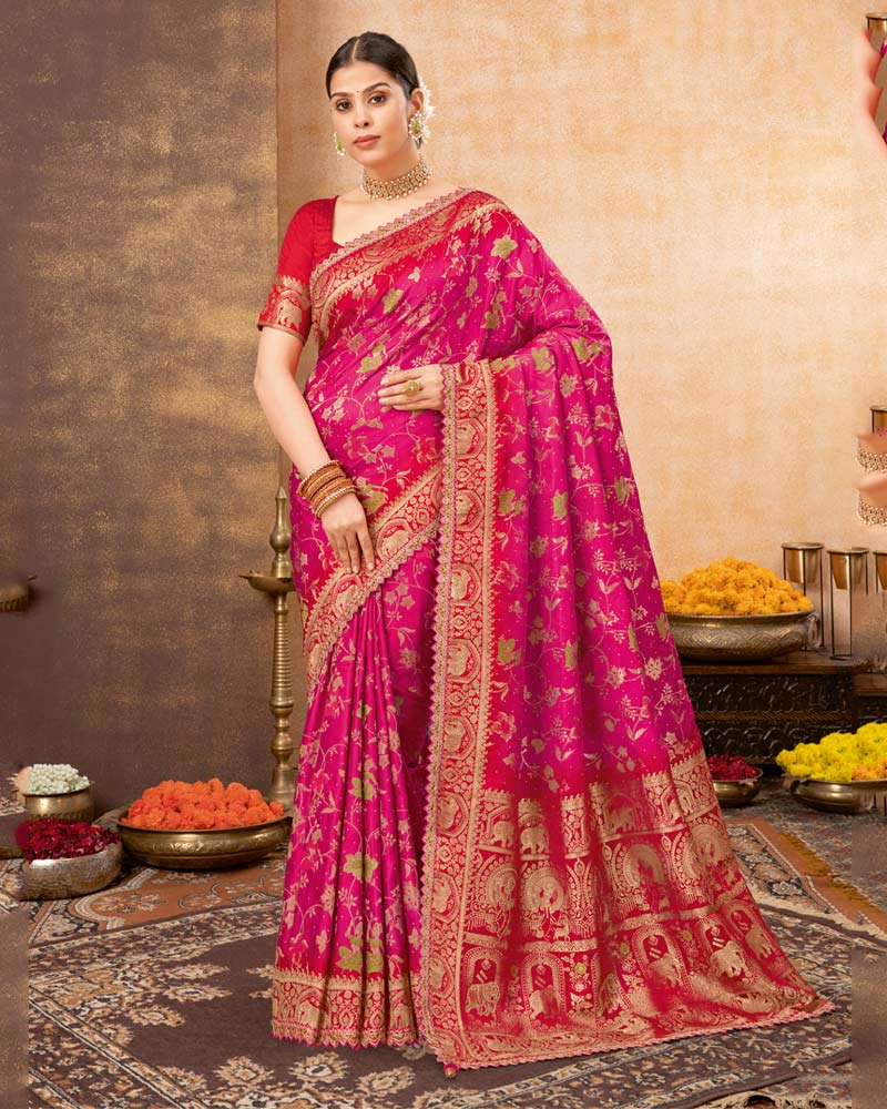 Vishal Prints Dark Hot Pink Designer Art Silk Weaving Saree With Diamond Work And Tassel
