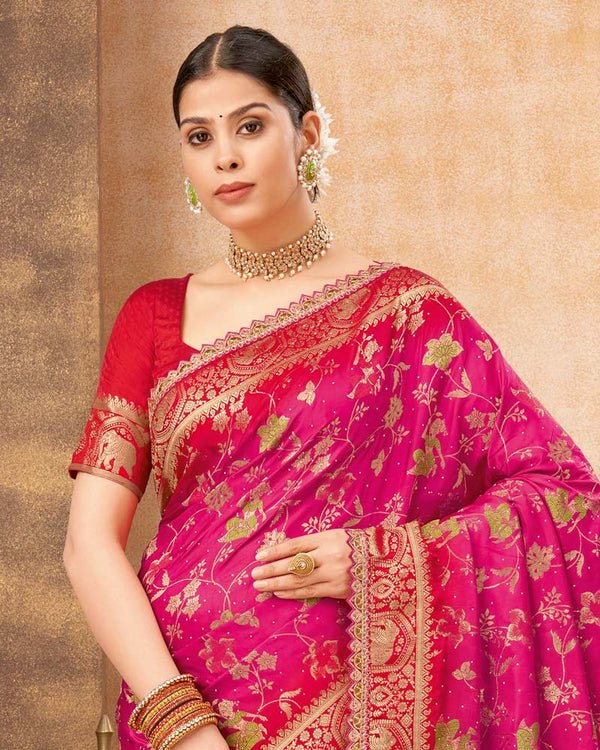 Vishal Prints Dark Hot Pink Designer Art Silk Weaving Saree With Diamond Work And Tassel