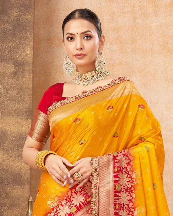 Vishal Prints Chrome Yellow Designer Art Silk Weaving Saree With Diamond Work And Tassel