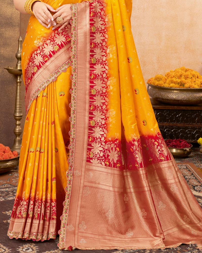 Vishal Prints Chrome Yellow Designer Art Silk Weaving Saree With Diamond Work And Tassel