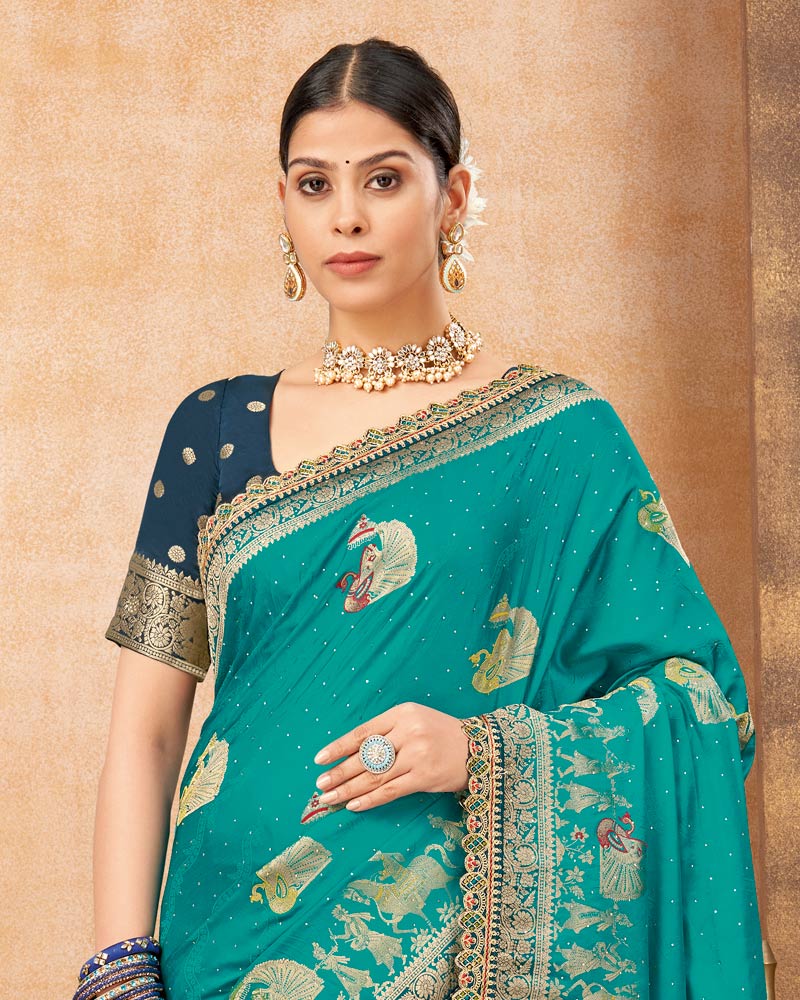 Vishal Prints Persian Green Designer Art Silk Weaving Saree With Diamond Work And Tassel