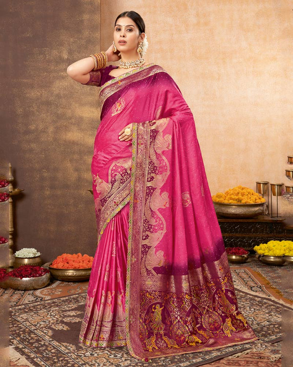 Vishal Prints Raspberry Pink Designer Art Silk Weaving Saree With Diamond Work And Tassel
