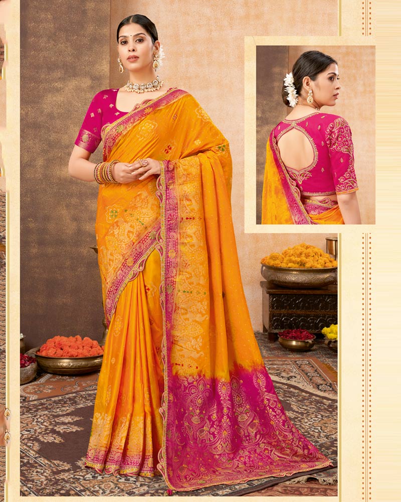 Vishal Prints Carrot Orange Designer Art Silk Weaving Saree With Diamond Work And Tassel