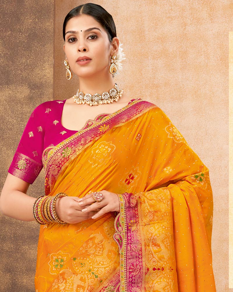 Vishal Prints Carrot Orange Designer Art Silk Weaving Saree With Diamond Work And Tassel