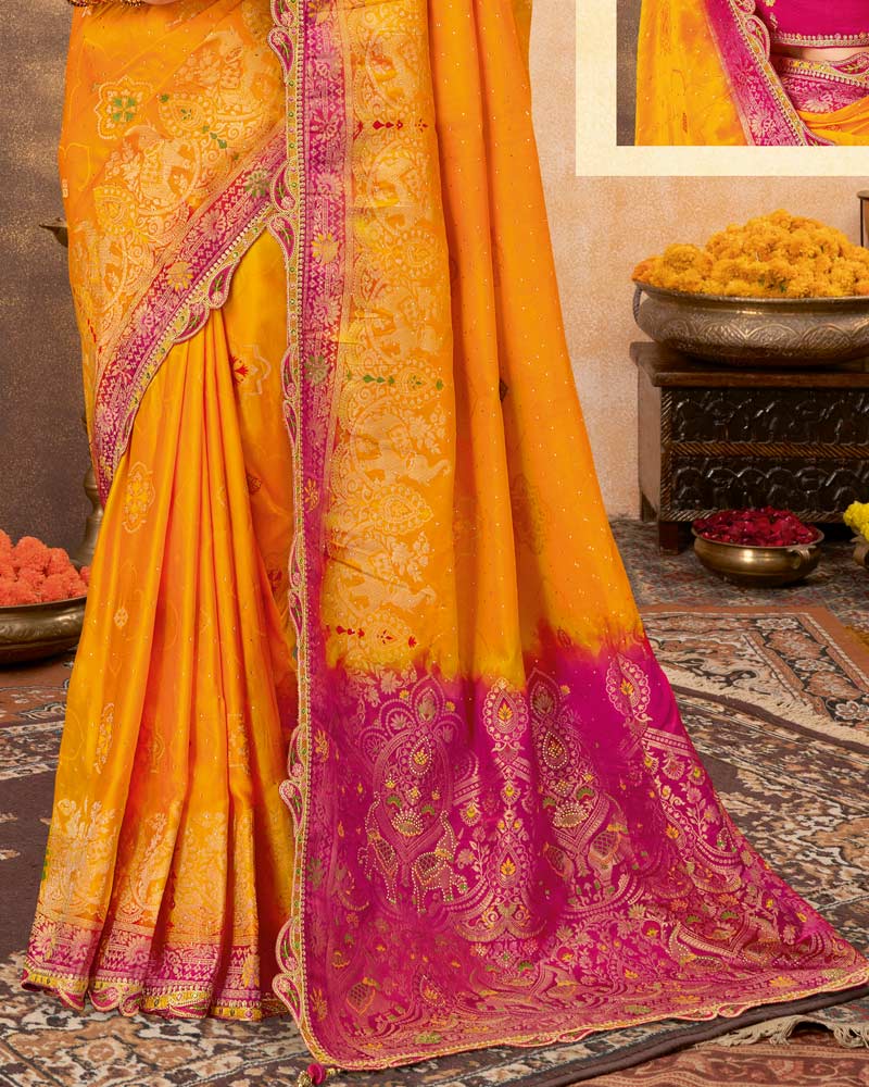 Vishal Prints Carrot Orange Designer Art Silk Weaving Saree With Diamond Work And Tassel