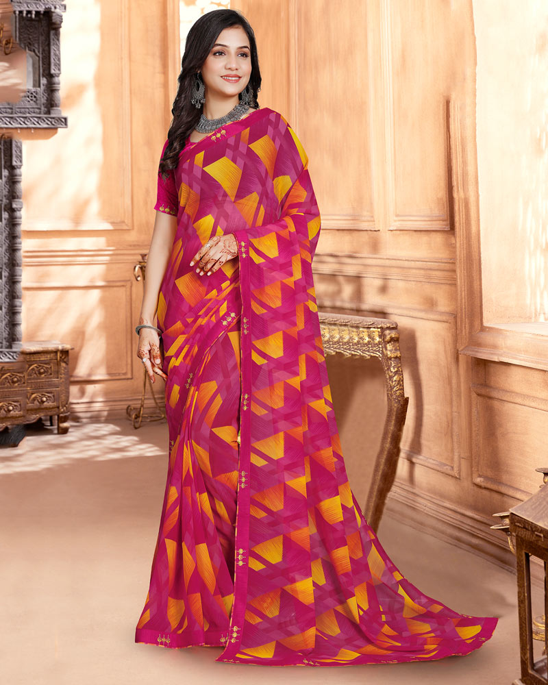 Vishal Prints Dark Fuchsia Printed Georgette Saree With Fancy Border